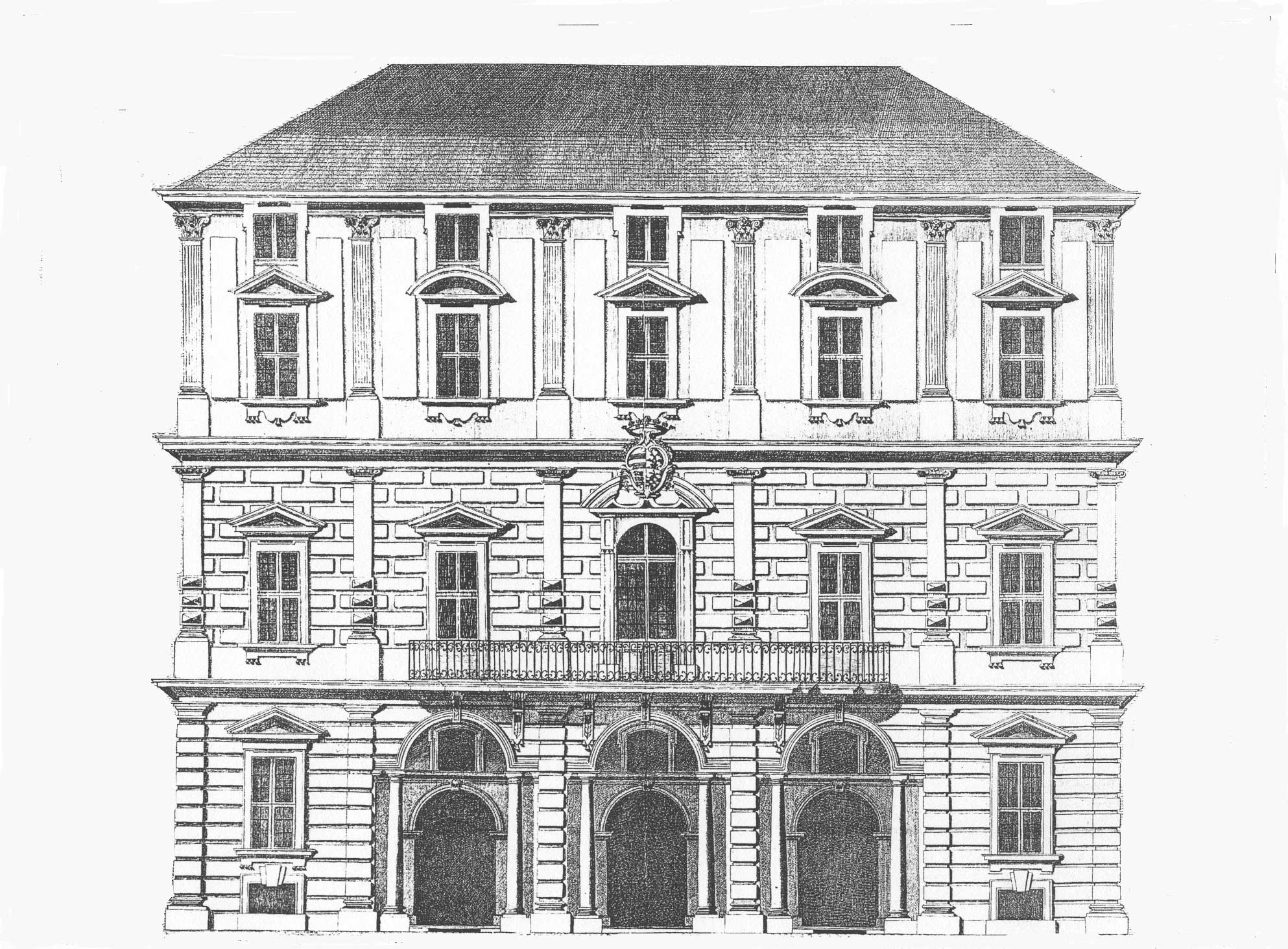 Facciata del Nuovo Teatro dei Quattro Cavalieri Associati di Pavia, progetto di Antonio Galli Bibiena, in Cartella dei Disegni del Nuovo Teatro, 1773